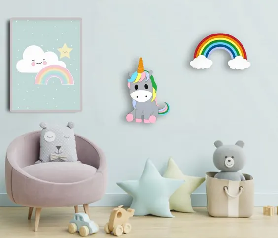 مجموعه ای از 2 چراغ شبستان Nursery Wall Rainbow و Unicorn | اتسی