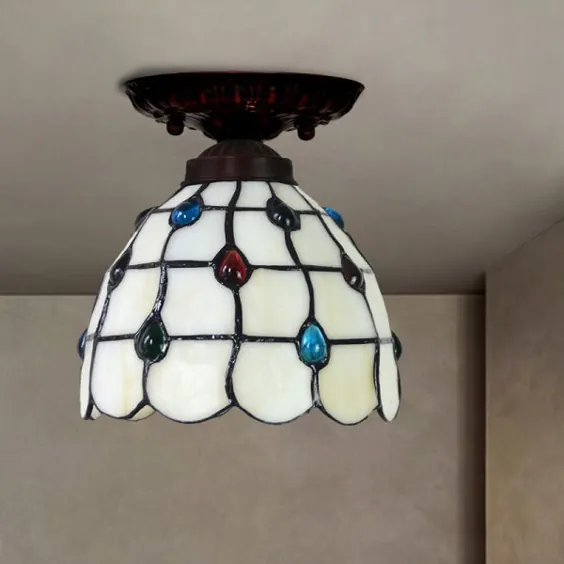 چراغ سقفی Bell Flush Light Tiffany White Grid Glass Single Beige Flush Mount Light with Jewels نزدیک به چراغ های سقفی