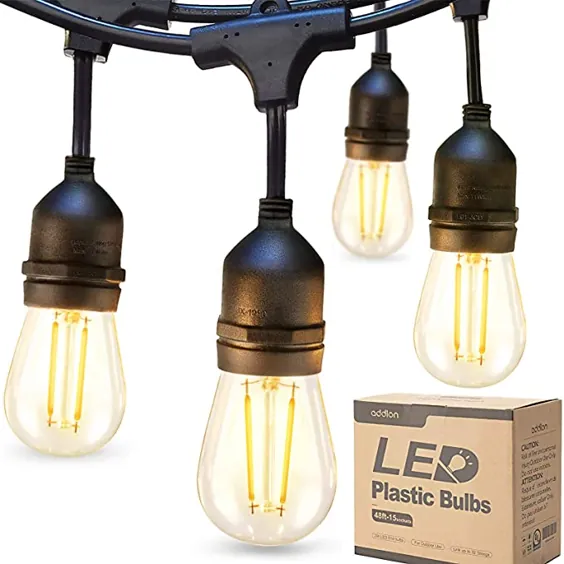 چراغ های رشته ای در فضای باز addlon LED 48FT با لامپ های پلاستیکی Vintage Dimmable Edison Vintage و رشته تجاری ضد آب - رشته UF سنگین تزئینی LED کافه پاسیو ، چراغ بازار ایوان