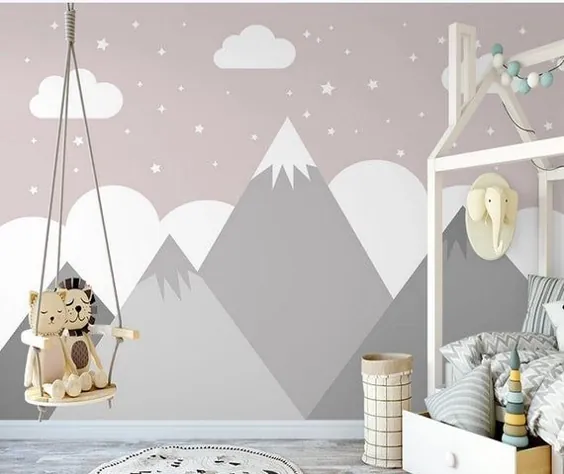 کارتون هندسه کوهستان کاغذ دیواری کودکستان ، ابرهای دوست داشتنی و ستاره ها اتاق کودکان اتاق کودک کودکان