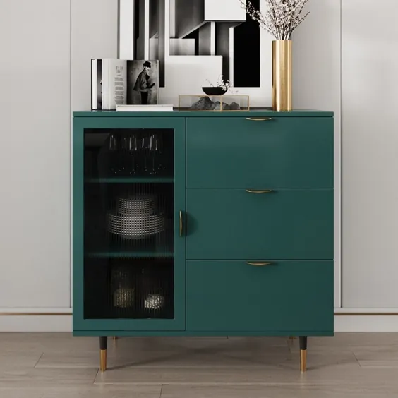 کابینت بوفه تخته سبز Nordic با قفسه ها و کشوهای قابل تنظیم و درب شیشه ای