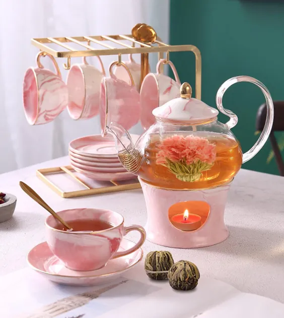 ست چای با قوری شیشه ای گرمتر و شش لیوان چای چینی |  اتسی