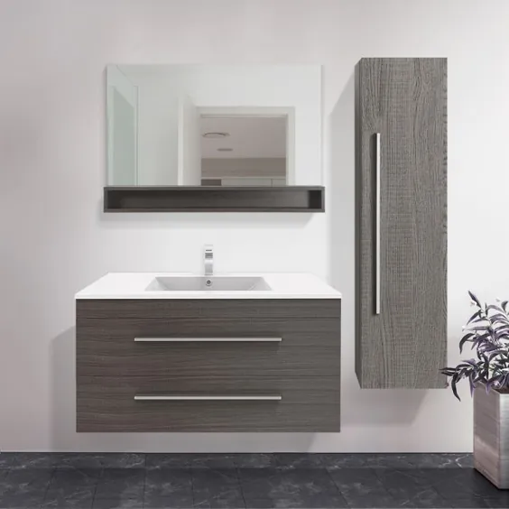 ست توالت دیواری بلوط خاکستری COMBO 40 "با روکش پلیمر ، کابینت ملافه و آینه