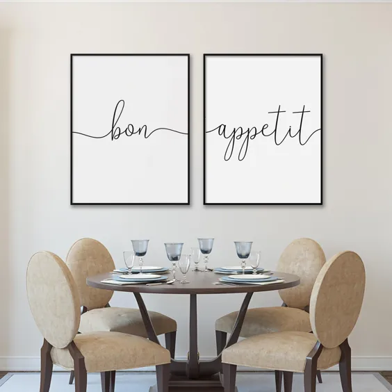 Bon Appetit Quote Print Diptych ، مجموعه ای از 2 چاپ ، پوستر آشپزخانه ، دیوار دیواری آشپزخانه ، هنر اتاق نشیمن ، دکوراسیون اتاق ناهار خوری ، علائم خانگی