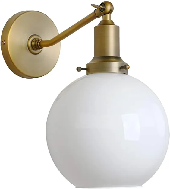 Permo Industrial Vintage Slope Pole Wall Mount Single Sconce with 7.9 "Globe Round Milk White Glass Shade Wall Sconce چراغ روشنایی (عتیقه)