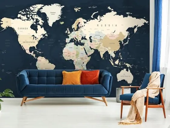 نقشه کاغذ دیواری لایه برداری و استیک نقشه جهانی نقشه دیوار دیواری |  اتسی