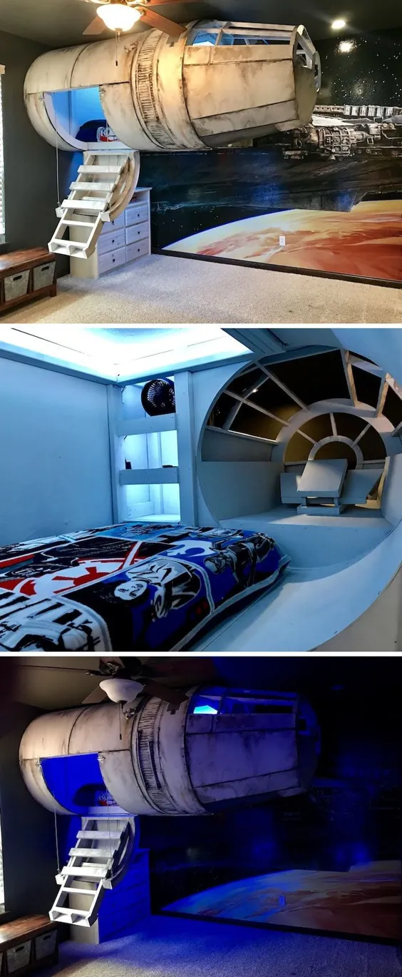 والدین یک تختخواب پیچیده جنگ ستارگان درست می کنند تا پسرشان را در اتاقش بخوابد