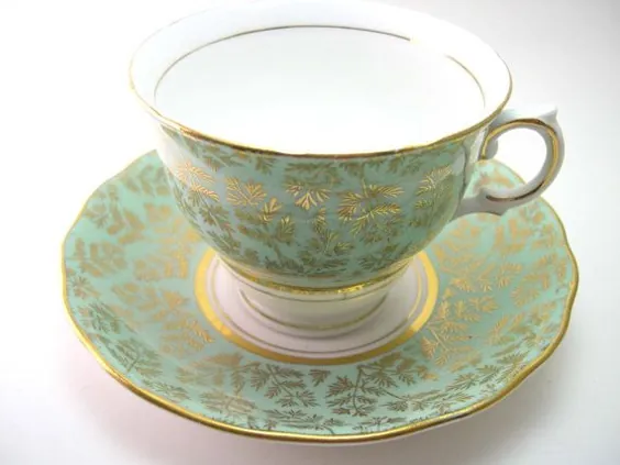 فنجان و بشقاب چای Colclough ، ست فنجان و نعلبکی چای آنتیک ، فنجان چای chintz طلایی ، فنجان چای سبز نعنا