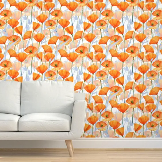 کاغذ دیواری گلدار Poppy Meadow توسط گلهای نارنجی اوتارت |  اتسی