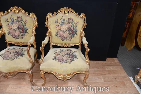 Canonbury - جفت صندلی های بازویی طلای لویی شانزدهم لوئیس شانزدهم ، روکش دوزی اثاثه یا لوازم داخلی