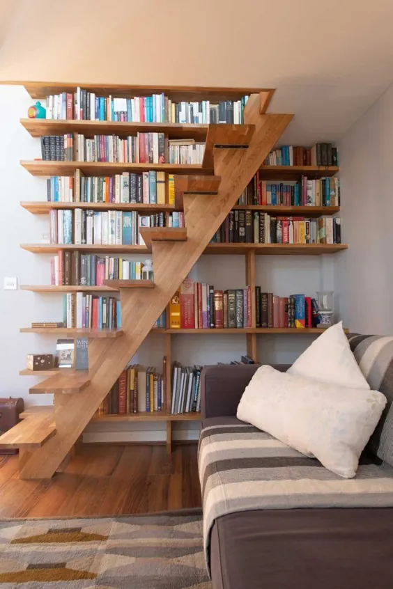 پله های میزانسن ، طراحی اتاق زیر شیروانی ، قفسه سفارش کتاب در سالن ، Bow ، لندن
