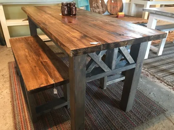 رومیزی چوبی میز خانه مزرعه چوبی با روکش قهوه ای استانی و سبک کلاسیک خاکستری پایه کراس شامل دو نیمکت