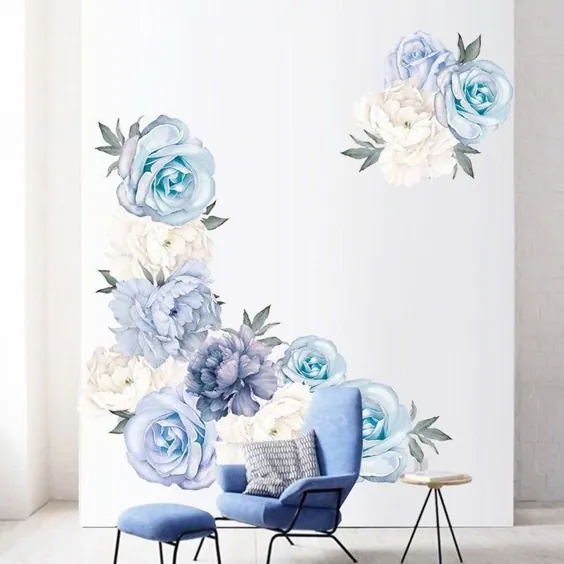 عکس برگردان دیواری بزرگ گل صد تومانی دیواری گلدان گل صد تومانی آبی |  اتسی