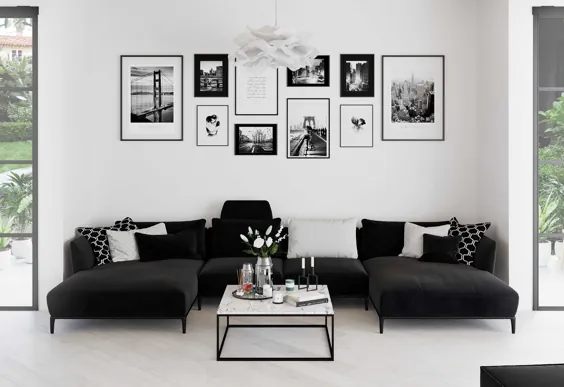 دکوراسیون اتاق نشیمن سیاه و سفید زیبا و کلاژ عکس مدرن و بر روی دیوار