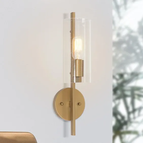 Uolfin Lind 1-Light Modern Brass Gold Wall Sconce حمام غرور نور با سایه شیشه ای بذر سیلندر