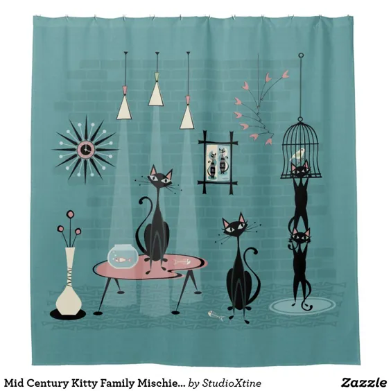 Mid Century Kitty Family Mischief © studioxtine Shower Curtain | Zazzle.com