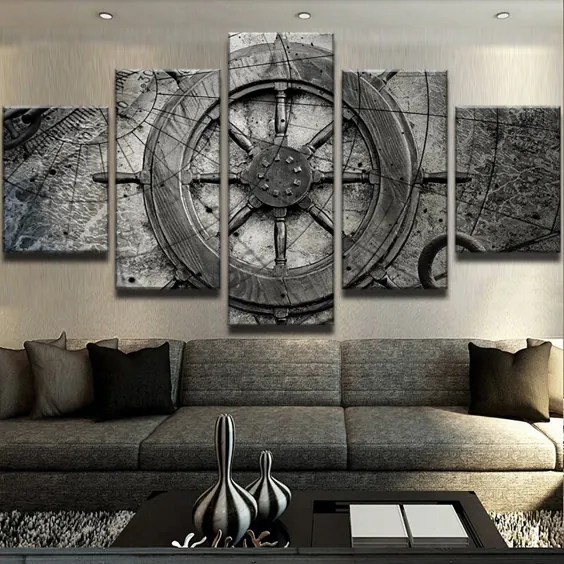 Captain Ships Wheel Canvas Wall Art Nautical Decor 5-PC - بزرگ 64 X 32 اینچ