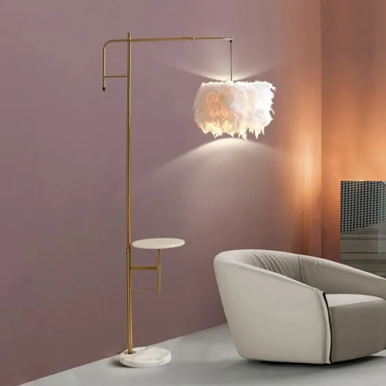 حداقل چراغ میز طبل طبل با چراغ طبقه اتاق خواب تک سر فلزی با سایه پر - طلای - چراغ های طبقه طلای 110 ولت - 120 ولت