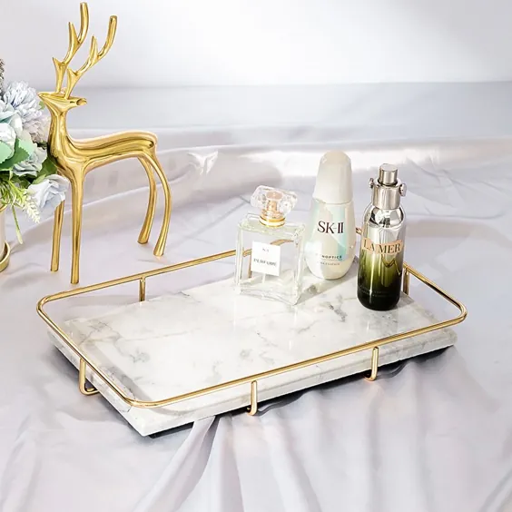 سینی ذخیره سازی میز آرایش مستطیلی سفید و طلایی