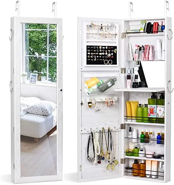 Titan Mall Jewelry Cabinet Wall Door Mounted Jewelry Organized Mounted Jewelry Lockable Armoire Organizer with Full-Mirror Dressing Mirror Mirror Makeup Jewelry (سفید)