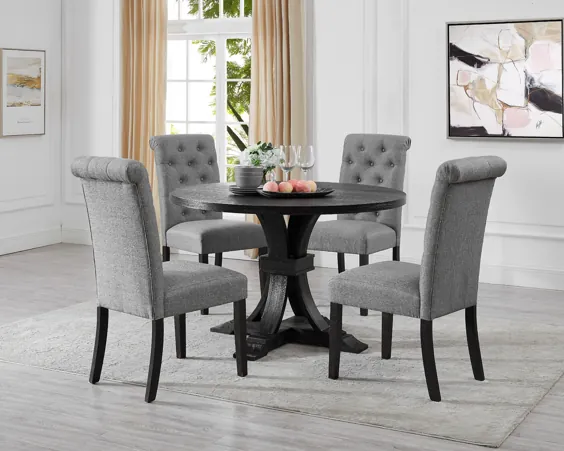 مجموعه 5 تکه ناهار خوری Siena Distrated Black Finish ، میز گرد پایه ای با صندلی های روکش دار خاکستری - Walmart.com