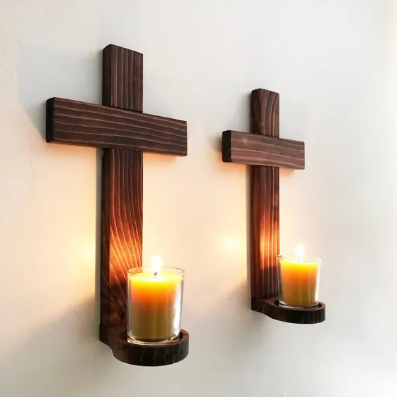 کراس مجموعه ای از 2 تزیین دست ساخته شده چوبی Cross Votive |  اتسی