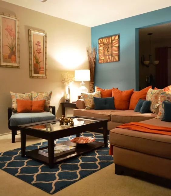 8+ اتاق نشیمن شگفت انگیز مجموعه طرح رنگ نارنجی و آبی