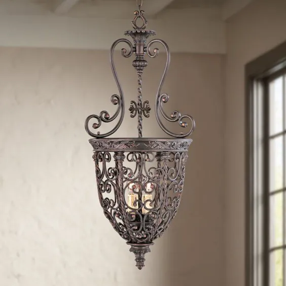 Franklin Iron Works Rubed Bronze آویز لوستر 15 1/4 "Wide 3-Light French Scroll Dining Room House Foyer آشپزخانه ورودی - Walmart.com