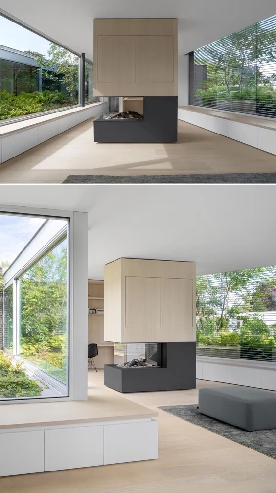 این خانه نمای بیرونی آجر سیاه و دیوارهای شیشه ای بزرگ را برای یک طراحی مدرن و قوی ترکیب کرده است