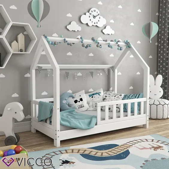 تختخواب خانه VitaliSpa WIKI 70x140cm نرده حصار سفید تختخواب کودک خانه کودک چوب تخت کودک