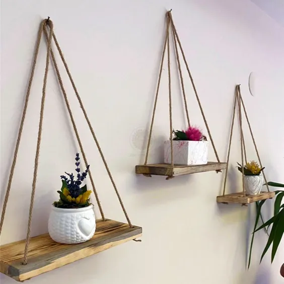 مجموعه ای از سه قفسه چوبی شناور اصلاح شده طناب آویز |  اتسی