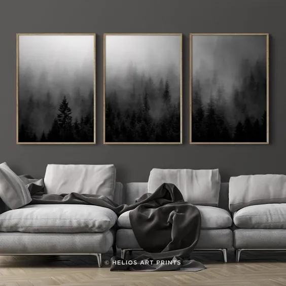 مجموعه ای از سه اثر هنری دیوار سفید جنگلی مه آلود سیاه و سفید مجموعه |  اتسی