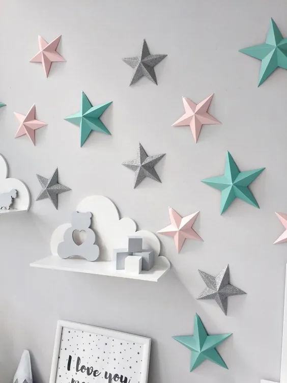 Paper Stars Glitter Silver wall wall | چشمک بزن ستاره کوچک | دکور مهد کودک نعناع صورتی | دکور دیوارهای ستارگان برای اتاق کودک