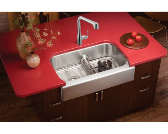 فولاد ضد زنگ Elkay Lustertone Classic، 34-5 / 8 "x 23-1 / 16" x 8-3 / 4 "، 60/40 Double Bowl Farmhouse Sink w / Aqua Divide