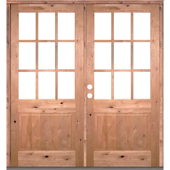 درب های Krosswood 72 اینچ x 80 اینچ. صنعتگر Knotty Alder 9-Lite شیشه ای روشن ناتمام چوب سمت راست فعال درب جلو جلو
