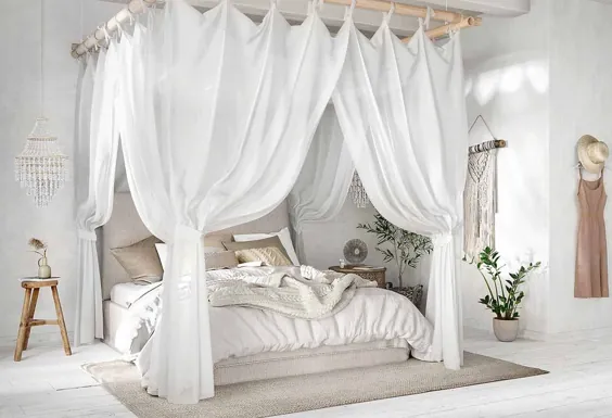 دکوراسیون اتاق خواب لوکس تمام سبک سفید و بژ و زیبا ، به سبک مدیترانه ای