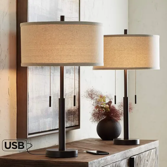 لامپ های میز برنزی صنعتی برنی با مجموعه USB 2 - # 38E40 |  لامپ به علاوه