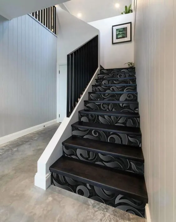 سه بعدی الگوی گل سیاه رنگ خاکستری تیره تزئینات راه پله چسب پله های بلند شده پله ها بالابرها استیکر نقاشی دیواری عکس