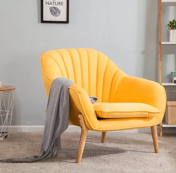 صندلی بازوی بالدار شل زرد با پاهای چوبی |  اتسی