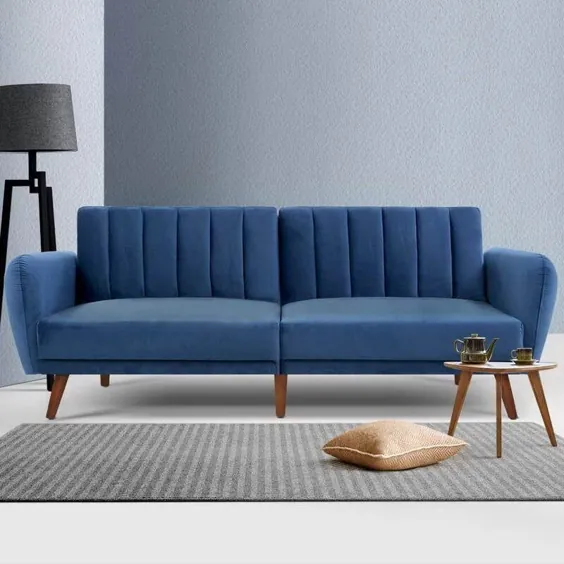 صندلی تختخواب شو مبل آرتیس 3 صندلی Futon Couch صندلی تختخواب چوبی 207 سانتی متری آبی مخملی