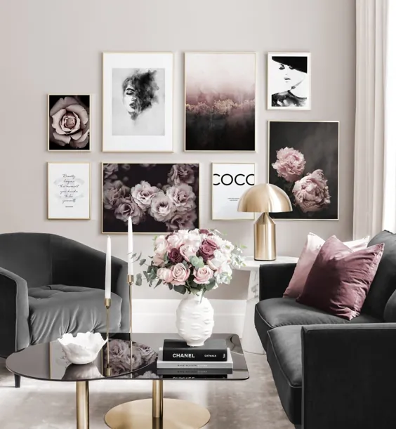 Klassische trendige Bilderwände rosa schwarzweiße پوستر Goldrahmen