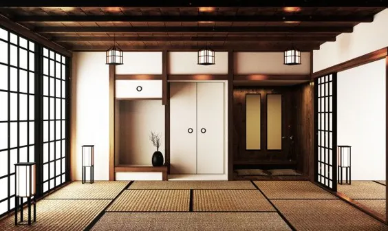 طراحی داخلی ، اتاق نشیمن مدرن با میز در طبقه حصیر تاتامی به سبک ژاپنی.  رندر سه بعدی