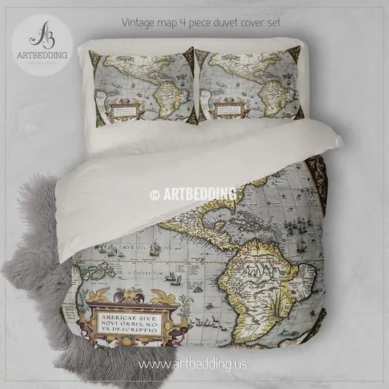 تختخواب نقشه قدیمی امریکا ، ست روتختی نقشه Vintage atlas 1570 old America ، ست مبلمان طرح عتیقه