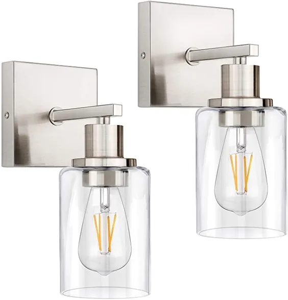 چراغ دیوار Vanity Light، 2 Pack 1-Light Brush Nickel Wall Sconce Light، چراغ های حمام مدرن با سایه شیشه ای شفاف، چراغ دیواری ایوان Vintage برای آینه کارگاه اتاق نشیمن آشپزخانه (پایه E26)