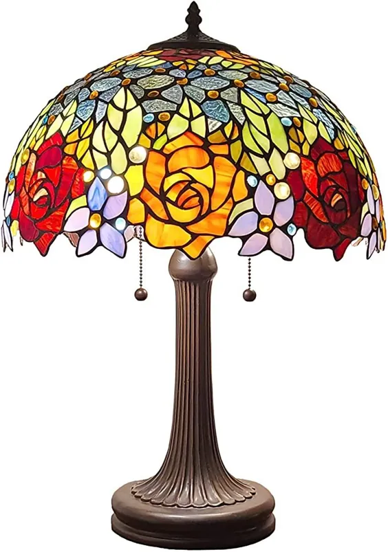 Amora Lighting Tiffany Style Table Lamp Banker 23 "Tight Stained Glass Red Yellow Rose Floral Vintage Antique Light Decor Nightstand اتاق نشیمن اتاق خواب دفتر کار دست ساز AM1534TL16B ، چند رنگ