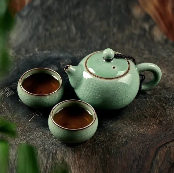 سرویس چای چینی سنتی چینی ، مجموعه چای مسافرتی لعابدار Longquan Celadon ، لیوان چای پرسلان با درب و دستگاه تزریق