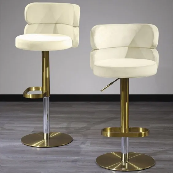 چهارپایه میله گردان دارای تودوزی قابل تنظیم با تکیه گاه مخملی صورتی با روکش طلایی
