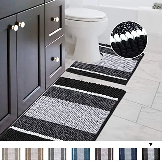 فرش حمام H.VERSAILTEX 2 قطعه برای فرشهای حمام شنلی ضخیم شنلی کانتور و مستطیل ، تشک های طرح دار راه راه میکرو الیاف جاذب آب (20 "x 32" به علاوه 20 "x 20" U ، سیاه)
