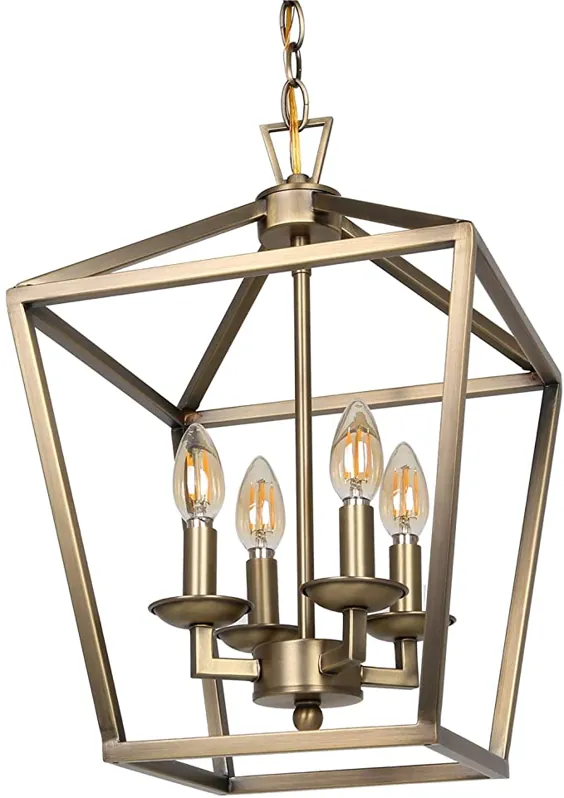 چراغ سقفی لوستر 4-نور ، چراغ آویز فانوس فلزی با روکش طلای نرم ، برای راهرو ، ورودی و اتاق ناهار خوری ، 18 "H x 12" W ، ETL ذکر شده