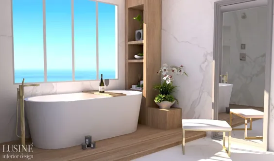 طراحی حمام معاصر گرم با غرورهای سفارشی بلوط سفید